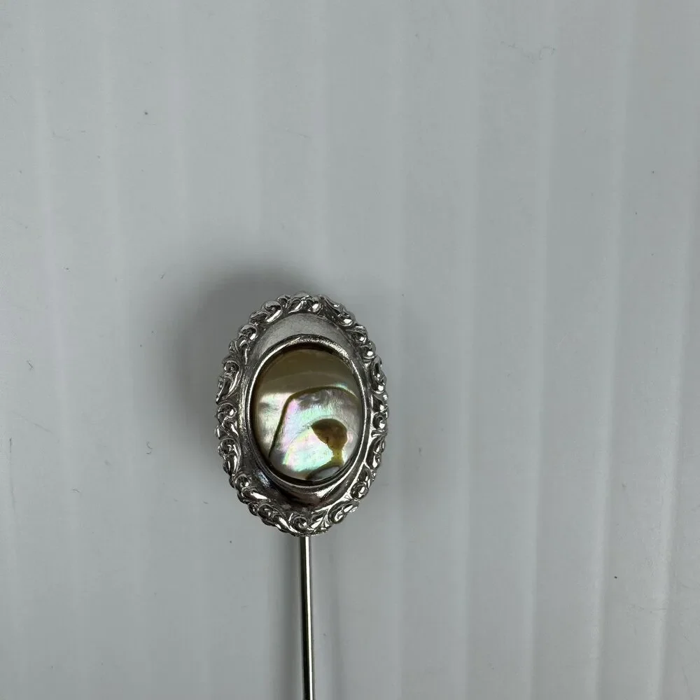 Vintage Abalone Shell Stick Pin Silver Tone Oval Lapel Hat Pin Classic